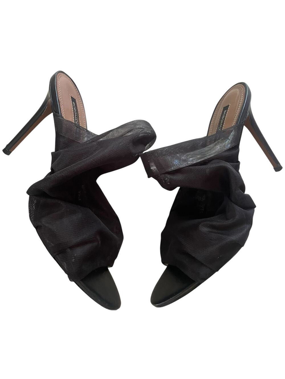 BCBGMAXAZRIA Black Mesh Ruched Stiletto Mules